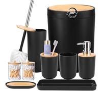 iMucci Juego de Accesorios de baño con Bote de Basura, Soporte para Cepillo de Dientes, dispensador de jabón de loción, jabonera, Vaso (9 Fundas de bambú Negro)