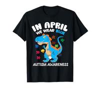 In April We Wear Blue Autism Awareness Month Dinosaur T-Rex Camiseta