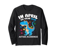 In April We Wear Blue Autism Awareness Month Dinosaur T-Rex Manga Larga