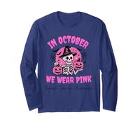 In October We Wear Pink Breast Cancer Skeleton Halloween Manga Larga