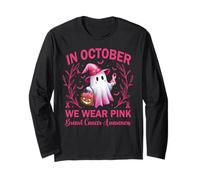 In October We Wear Pink Breast Cancer Women Halloween Manga Larga