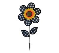 In the Breeze 2660 - 12-inch Gingham Sunflower Wind Spinner with Leaves - Colorful Flower for Yard and Garden