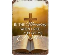 In The Morning When I Rise Give Me Jesus Retro Aluminum Sign Golden Cross Sunrise Wall Art for Home Office Church 8 X 12 in