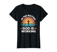 In The Waiting God Is Working Camiseta gráfica económica, Mujer, Negro, S