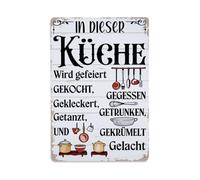 In This Kitchen We Celebrate, Cook, Spill, Dance, Scribble And Laugh - Letrero de metal retro para decoración de pared, póster de metal, decoración de pared para el hogar, bar, garaje, granja