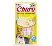 INABA Churu Gatos - Receta de Pollo con Queso y Ternera - Snacks Saludables - Premios con Textura Cremosa - Sin Cereales, Sin Conservantes, Sin Colorantes - Sólo 6 Cal - 56g (4x14g)