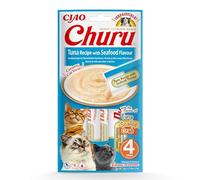 INABA Churu Gatos - Receta Saludable de Atún con Marisco - Sancks con Textura Cremosa - Sin Cereales, Sin Conservantes, Sin Colorantes - Sólo 6 Cal - 56g (4x14g)