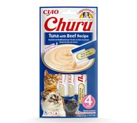 INABA Churu Gatos - Receta Saludable de Atún con Ternera - Sancks con Textura Cremosa - Sin Cereales, Sin Conservantes, Sin Colorantes - Sólo 6 Cal - 56g (4x14g)