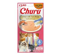 INABA Churu Gatos - Receta Saludable de Salmón y Atún - Deliciosos Premios con Textura Suave y Cremosa - Natural, Sin Cereales, Sin Colorantes - 48 Tubos de 14g (672g)