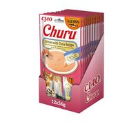 INABA Churu Gatos - Snack de Salmón y Atún - con Vitamina E - Golosina Natural - Alto Contenido de Humedad, Textura Suave y Deliciosa - 672g (48x14g)