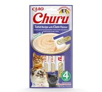 INABA Churu Gatos - Snacks Saludables con Receta de Atún y Almeja - Premios con Textura Cremosa - Sin Cereales, Conservantes, Colorantes - Sólo 6 Cal - 56g (4x14g)