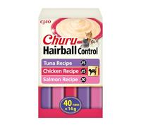 INABA Churu Hairball Control, Snack Cremoso para Gatos contra Las Bolas de Pelo, con Atún, Pollo y Salmón, Puré Suave con Fibra Añadida, Rico en Omega 3 y 6, Alto Contenido en Humedad, 40 Tubos x 14g