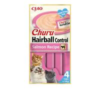 INABA Churu Hairball Control, Snack Cremoso para Gatos contra Las Bolas de Pelo, con Salmón, Puré Suave con Fibra Añadida, con Omega 3 y 6, Alto Contenido en Humedad, Paquete de 4 Tubos de 14g