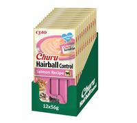 INABA Churu Hairball Control, Snack Cremoso para Gatos contra Las Bolas de Pelo, con Salmón, Puré Suave con Fibra Añadida, con Omega 3 y 6, Alto Contenido en Humedad, 12 Paquetes de 4 Tubos de 14g