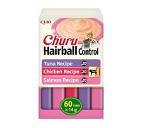 INABA Churu Hairball Control, Snack Cremoso para Gatos contra Las Bolas de Pelo, con Atún, Pollo y Salmón, Puré Suave con Fibra Añadida, Rico en Omega 3 y 6, Alto Contenido en Humedad, 60 Tubos x 14g