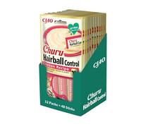 INABA Churu Hairball Snack para gatos para prevenir las bolas de pelo - Sabor pollo, 12 paquetes (48 barras x 14 g) - Comida para gatos con Omega 3 y 6, taurina y vitamina E contra las bolitas de pelo