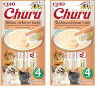 INABA Churu - Premios para Gatos - Snacks Saludables Pollo y Salmón - Textura Cremosa - Sin Cereales, Conservantes, Colorantes - Sólo 6 Cal - 4x14g (56g) (Paquete de 2)