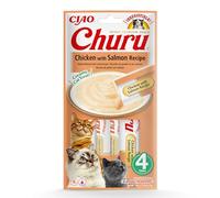 INABA Churu - Premios para Gatos - Snacks Saludables Pollo y Salmón - Textura Cremosa - Sin Cereales, Conservantes, Colorantes - Sólo 6 Cal - 4x14g (56g)