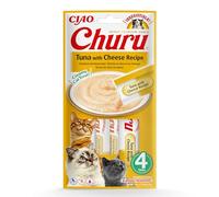 INABA Churu - Premios para Gatos - Snacks Saludables Ternera y Queso - Textura Cremosa - Sin Cereales, Conservantes, Colorantes - Sólo 6 Cal - 4x14g (56g)