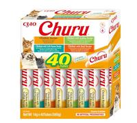 INABA Churu - Puré de Pollo 4 Sabores - Deliciosos Snacks - Textura Suave y Cremosa - Comida para Gatos - 40 Tubos x 14g