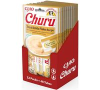 INABA Churu puré para Gatos - Pasta para Gatos para Alimentar a Mano - Barritas para Gatos con atún y Copos de Bonito - Pack 12/48 barritas