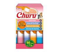 INABA Churu Salmon Variety Pack, Golosinas para Gatos con Puré Suave para Dar a Mano, Recetas de Salmón, Atún, Pollo y Vieiras, Elaborado con Ingredientes Naturales, Alta Humedad, 60 Tubos de 14g