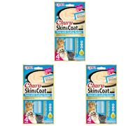 INABA Churu Skin & Coat Gatos - Snack Saludable para Mejorar la Piel y el Pelaje - Receta de Atún y Vieira - Omega 3 & 6 y Taurina - Textura Cremosa - 56g (4x14g) (Paquete de 3)