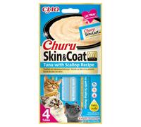 INABA Churu Skin & Coat Gatos - Snack Saludable para Mejorar la Piel y el Pelaje - Receta de Atún y Vieira - Enriquecido con Omega 3 y 6, Taurina y Vitamina E - 672g (48x14g)