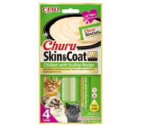 INABA Churu Skin & Coat Gatos - Snack Saludable para Mejorar la Piel y el Pelaje - Receta de Pollo y Vieira - Enriquecido con Omega 3 y 6, Taurina y Vitamina E - 56g (4 x 14 g)