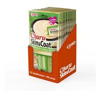 INABA Churu Skin & Coat Gatos - Snack Saludable para Mejorar la Piel y el Pelaje - Receta de Pollo y Vieira - Enriquecido con Omega 3 y 6, Taurina y Vitamina E - 672g (48 x 14 g)