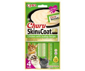 INABA Churu Skin & Coat Gatos - Snack Saludable para Mejorar la Piel y el Pelaje - Receta de Pollo y Vieira - Enriquecido con Omega 3 y 6, Taurina y Vitamina E - 56g (4 x 14 g)
