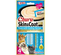 INABA Churu Skin & Coat - Golosinas de Atún y Vieira en Puré para Gatos - Omega 3 & 6 y Taurina - Golosinas para Gatos, Piel y Pelaje - 48 Tubos x 14g