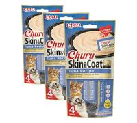 INABA Churu Skin&Coat para Gatos - Snack Cremoso para el Cuidado de la Piel y el Pelaje - Receta Saludable de Atún - Enriquecido con Omega 3 y 6, Taurina y Vitamina E - 56g (4 x 14 g) (Paquete de 3)