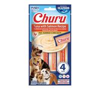 INABA Churu Snack para Perros Cremoso de Atún con Salmón - Premios Saludables, Bajas Calorías, Suaves y Deliciosos - Snack Natural sin Pollo, sin Colorantes Artificiales - 1 Pack (4 Tubos x 14g)
