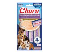 INABA Churu Snack para Perros Cremoso de Salmón con Gamabas - Premios Saludables, Bajas Calorías, Suaves y Deliciosos - Snack Natural sin Pollo, sin Colorantes Artificiales - 1 Pack (4 Tubos x 14g)