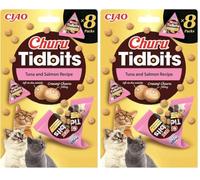 INABA Churu Tidbits Gatos - Receta Saludable de Pollo con Atún y Salmón - Snack Tierno con Relleno Cremoso - Golosina Natural, Sin Cerales, sin Conservantes ni Colorantes - 96g (8 Packs x 12g)