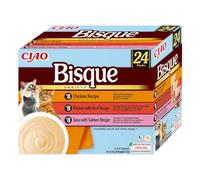 INABA Ciao Bisque Gatos - Receta Saludable de Crema de Pollo y Atún con Salmón - Comida Húmeda - Alimento Complementario Natural, sin Cereales, sin Conservantes ni Colorantes - 960g (24 Sobres x 40g)