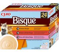 INABA Ciao Bisque Gatos - Receta Saludable de Crema de Pollo y Atún con Salmón - Comida Húmeda - Alimento Complementario Natural, sin Cereales, sin Conservantes ni Colorantes - 960g (24 Sobres x 40g)