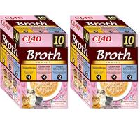 INABA Ciao Broth Gatos - Receta Saludable de Caldo de Pollo, 3 Sabores Diferentes - Comida Húmeda con Tiras de Pollo, Salmón y Atún - Natural, sin Cereales - 400g (10 Sobres x 40g) (Paquete de 2)