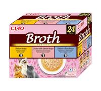 INABA Ciao Broth Gatos - Receta Saludable de Caldo de Pollo, 3 Sabores Diferentes - Comida Húmeda con Tiras de Pollo, Salmón y Atún - Natural, sin Cereales - 960g (24 Sobres x 40g)
