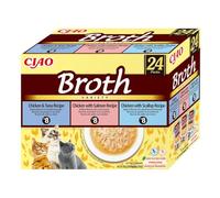 INABA Ciao Broth Gatos - Receta Saludable de Caldo de Pollo, 3 Sabores Diferentes - Comida Húmeda con Tiras de Pollo, Salmón, Atún y Vieira - Natural, sin Cereales - 960g (24 Sobres x 40g)