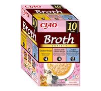 INABA Ciao Broth Gatos - Receta Saludable de Caldo de Pollo, 3 Sabores Diferentes - Comida Húmeda con Tiras de Pollo, Salmón y Atún - Natural, sin Cereales - 400g (10 Sobres x 40g)