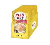 INABA Ciao Entrée Bisque, Comida Húmeda para Gatos, Comida Completa y Equilibrada con Pollo y Salmón, Puré Cremoso Elaborado con Ingredientes Naturales, Alta Humedad, para Gatos Adultos, 12 x 40 g