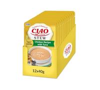 INABA Ciao Entrée Stew, Comida Húmeda para Gatos, Comida Completa con Tiras de Pollo y Atún, Rico y Cremoso Estofado Elaborado con Ingredientes Naturales, Alta Humedad, para Gatos Adultos, 12 x 40 g