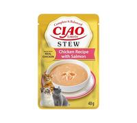 INABA Ciao Entrée Stew, Comida Húmeda para Gatos, Comida Completa con Tiras de Pollo y Salmón, Rico y Cremoso Estofado Elaborado con Ingredientes Naturales, Alta Humedad, para Gatos Adultos, 1 x 40 g