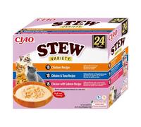 INABA Ciao Stew Gatos, Multipack Pollo, Atún y Salmón, 960g 24 Sobres x 40g | Estofado Rico y Cremoso con Tiras de Pollo, Complemento y Guarnición para su Comida, Ingredientes Premium, Sin Cereales