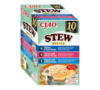 INABA Ciao Stew Gatos - Receta Saludable de Estofado Cremoso con Pollo, Atún, Salmón y Vieira - Comida Húmeda con Tiras de Pollo - Alimento Natural sin Cereales - 400g (10 Sobres x 40g)