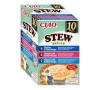 INABA Ciao Stew Gatos - Receta Saludable de Estofado Cremoso con Pollo, Atún, Salmón y Vieira - Comida Húmeda con Tiras de Pollo - Alimento Natural sin Cereales - 400g (10 Sobres x 40g)
