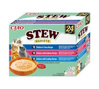 INABA Ciao Stew Gatos - Receta Saludable de Estofado Cremoso con Pollo, Atún, Salmón y Vieira - Comida Húmeda con Tiras de Pollo - Alimento Natural sin Cereales - 960g (24 Sobres x 40g)