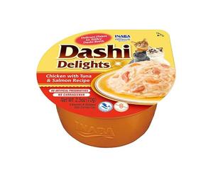 INABA Dashi Delights, Alimento Húmedo, Pollo con Atún y Salmón, 70g | Copos Tiernos en Caldo, Inspirado en la Tradición Japonesa, Snack Delicioso, Complemento para la Comida, Alta Humedad